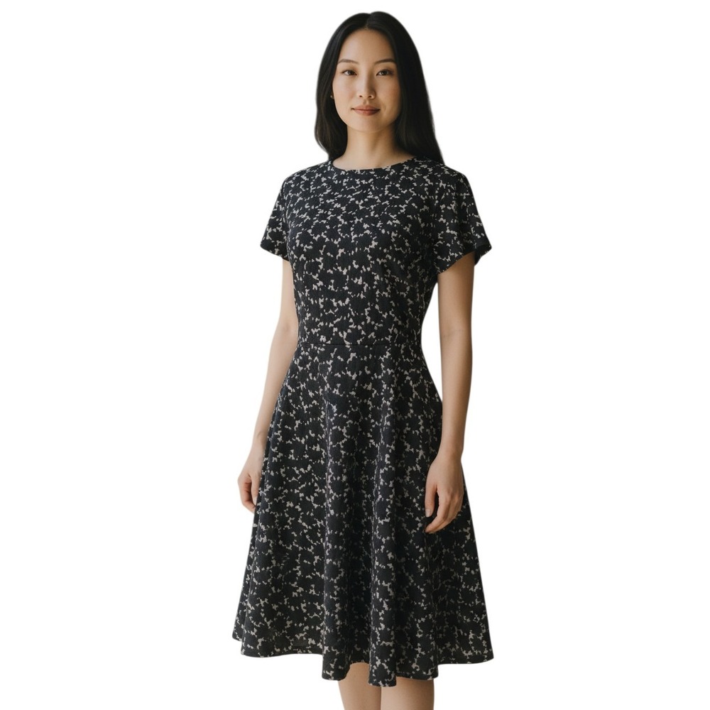 Loft Fit & Flare Knit Dress Women's Size 2 Black/Gray Short Sleeve Knee Length